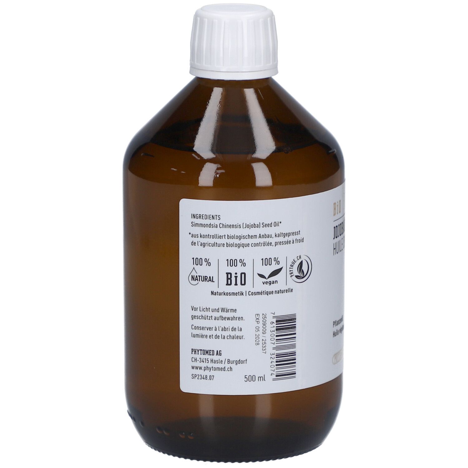 Braune Glasflasche mit weißem Deckel. Etikett mit Inhaltsstoffen, 100% natürlich, BIO, vegan. Herstelleradresse und Chargennummer.