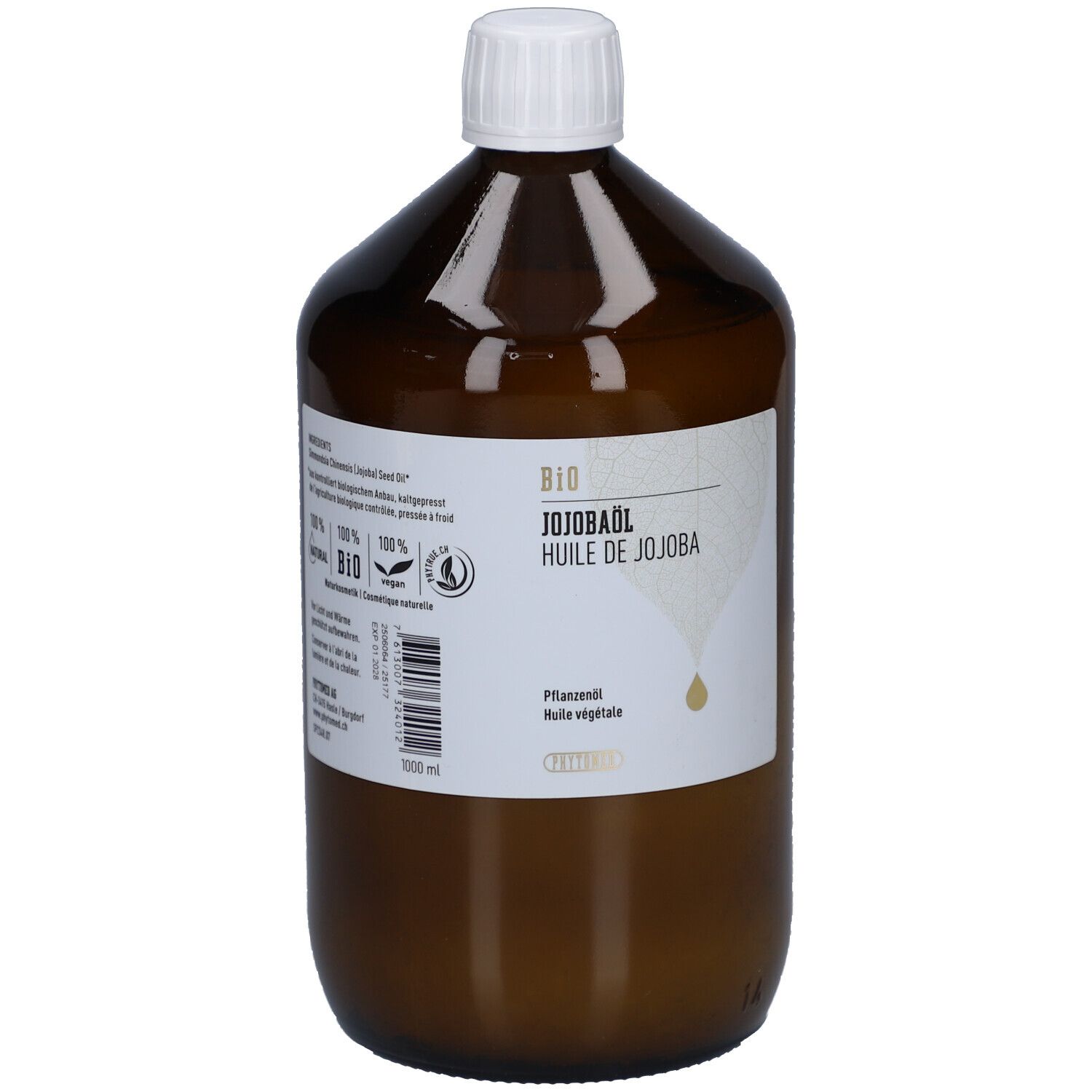 Braune Glasflasche mit weißem Deckel. Etikett mit Produktinformationen: BIO Jojobaöl, 100% rein und natürlich. Pflanzliches Öl.