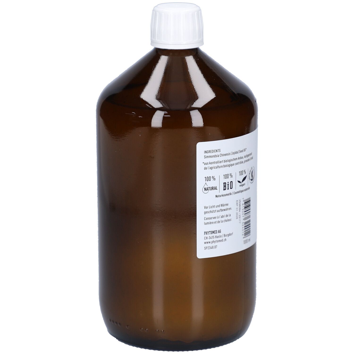 Braune Glasflasche mit weißem Deckel. Etikett mit Inhaltsstoffen und BIO-Zertifizierung. Rückansicht der Flasche.