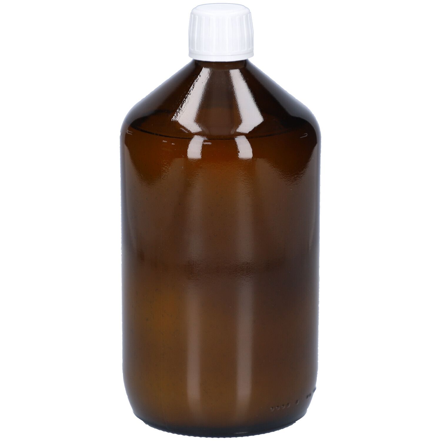 Braune Glasflasche mit weißem Deckel. Keine Etiketten sichtbar. Abgerundete Form.