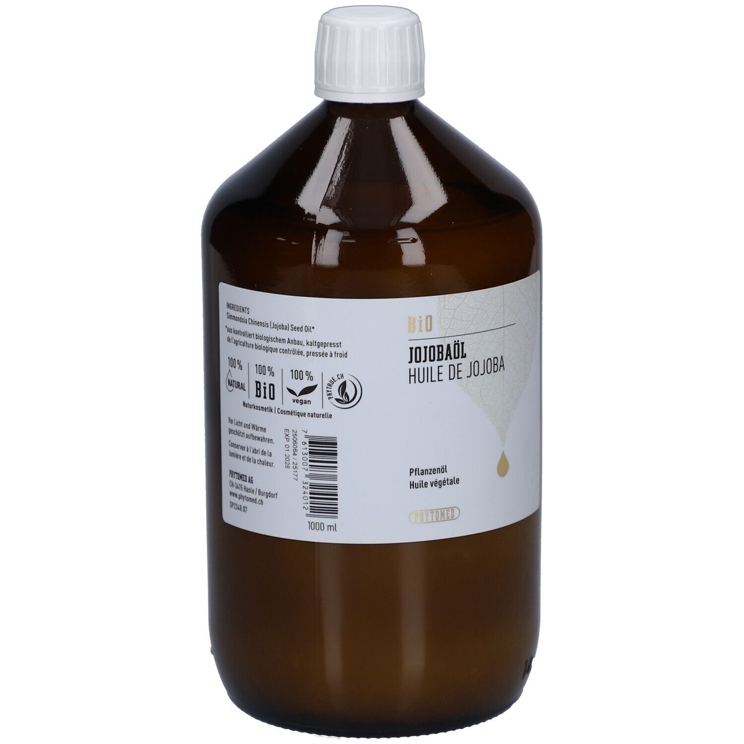 Braune Glasflasche mit weißem Deckel. Etikett mit Produktinformationen: BIO Jojobaöl, 100% rein und natürlich. Pflanzliches Öl.