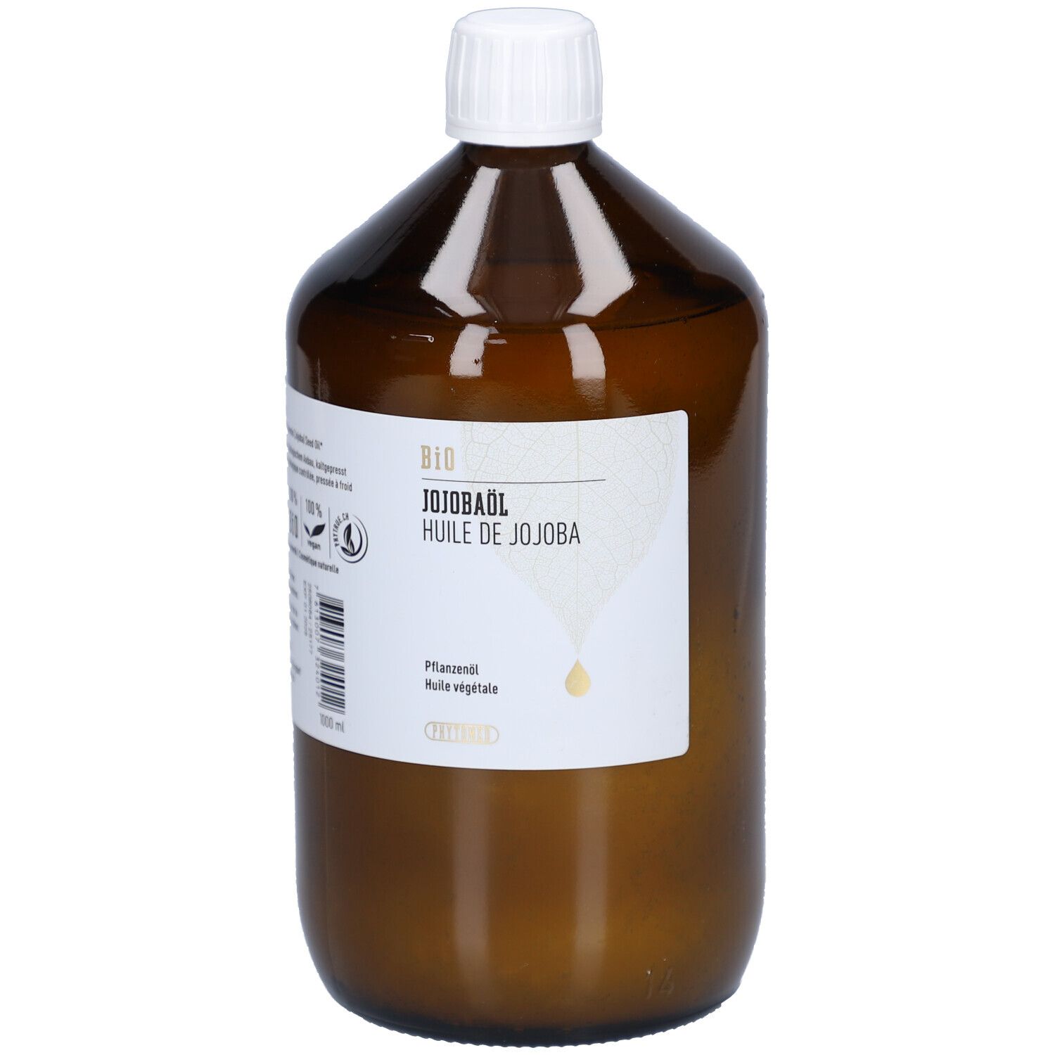 Braune Glasflasche mit weißem Deckel. Etikett mit Produktinformationen: BIO Jojobaöl, 100% rein und natürlich. Pflanzliches Öl.