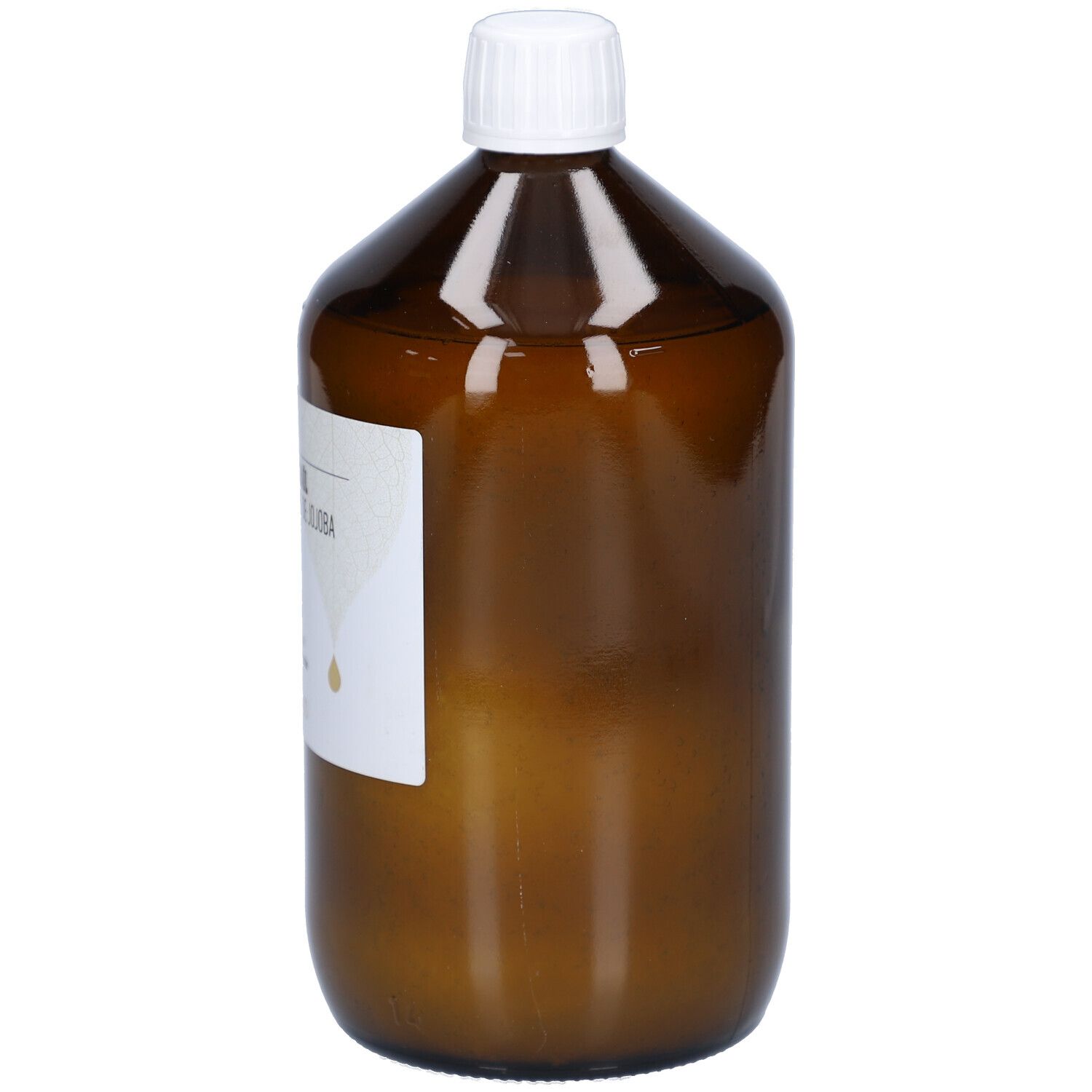 Braune Glasflasche mit weißem Deckel. Etikett teilweise sichtbar. Abgerundete Form.