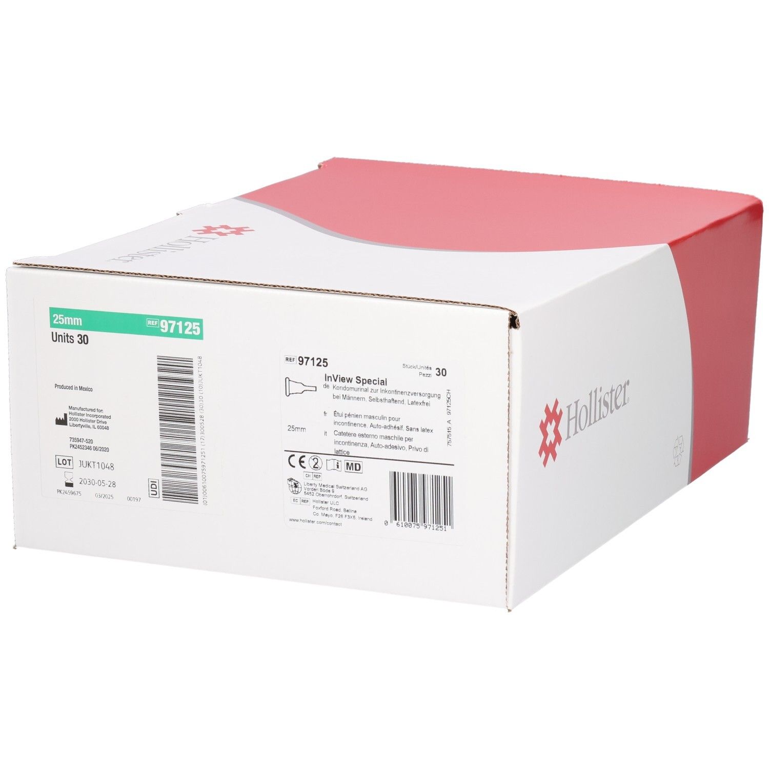 Hollister Kartonverpackung mit rotem und grauem Design, Maße 30x25x10 cm, für medizinische Produkte.