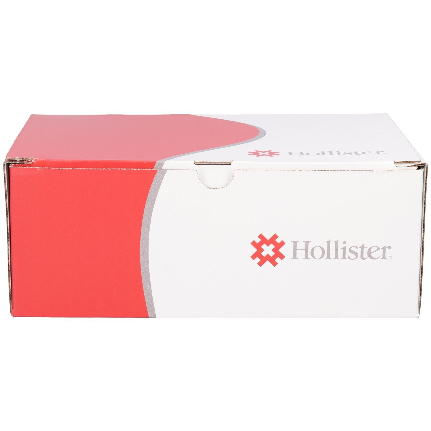 Hollister Kartonverpackung mit rotem und grauem Design, Maße 30x25x10 cm, für medizinische Produkte.
