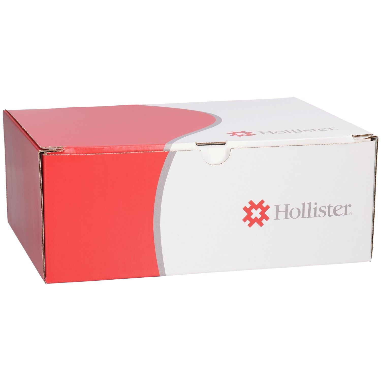 Hollister Kartonverpackung mit rotem und grauem Design, Maße 30x25x10 cm, für medizinische Produkte.