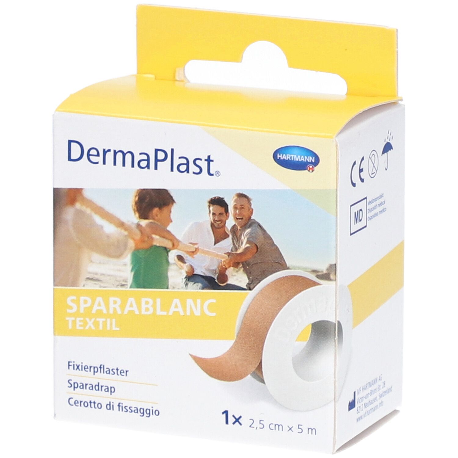 Verpackung von Dermaplast Sparablanc Textil. Rolle Fixierpflaster, beige. 2,5 cm x 5 m. Mit Abbildung von Personen am Strand.