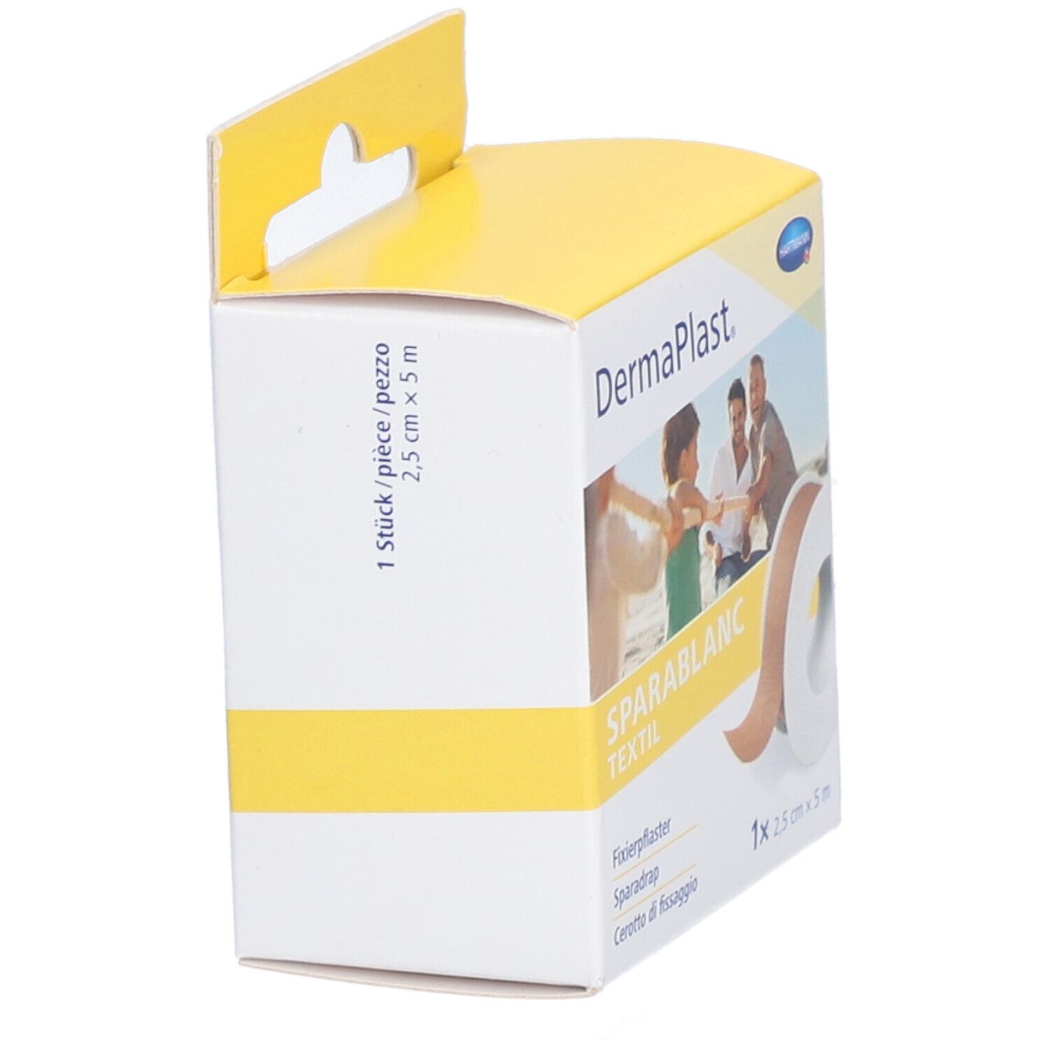 Seitenansicht der Dermaplast Sparablanc Textil Verpackung. Textil-Fixierpflaster, beige. 2,5 cm x 5 m. Gelber Aufhänger.