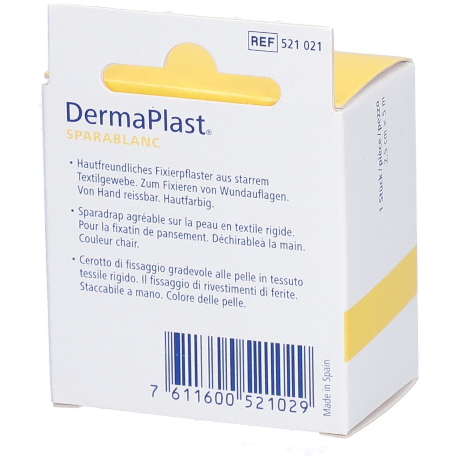 Rückseite der Dermaplast Sparablanc Textil Verpackung. Produktbeschreibung in Deutsch, Französisch und Italienisch. Barcode.