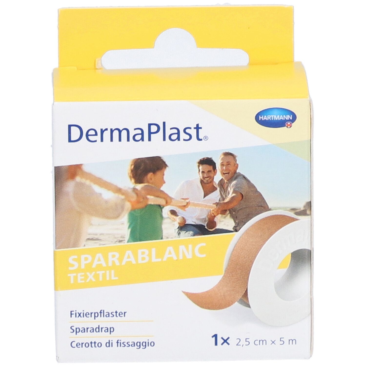 Dermaplast Sparablanc Textil Verpackung. Rolle Fixierpflaster, beige. 2,5 cm x 5 m. Abbildung von Personen am Strand.