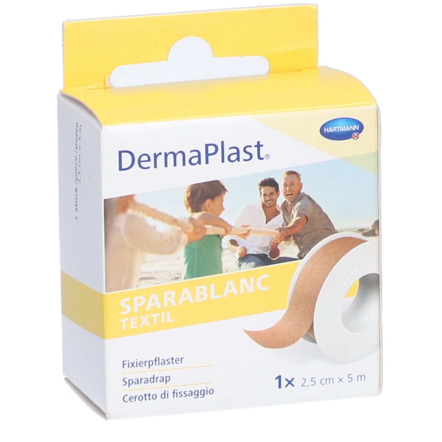 Dermaplast Sparablanc Textil Verpackung. Rolle Fixierpflaster, beige. 2,5 cm x 5 m. Abbildung von Personen am Strand.