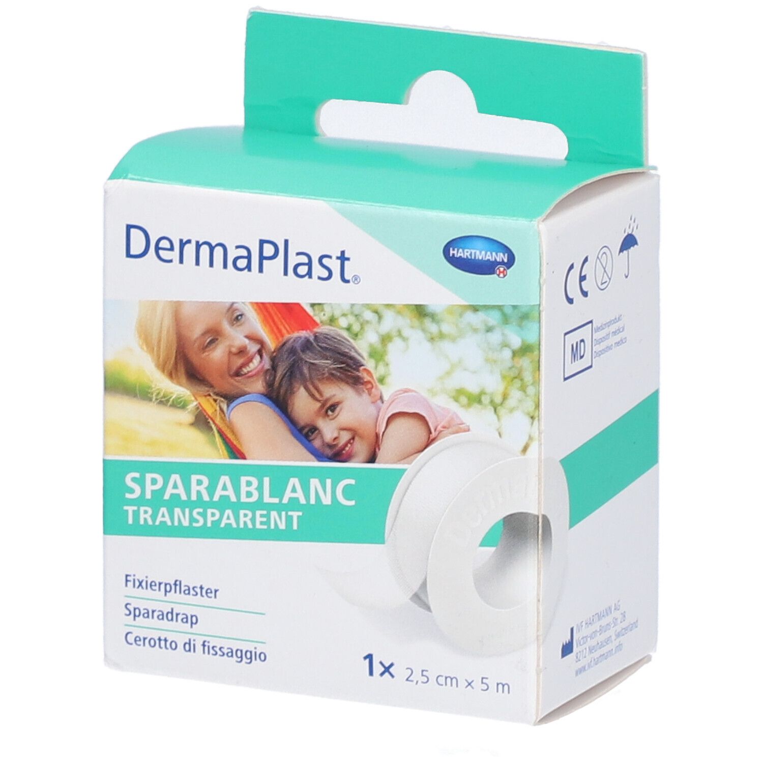 Verpackung von Dermaplast Sparablanc Transparent. 2,5 cm x 5 m Rolle. Aufdruck mit Produktnamen, Bild von Mutter und Kind.