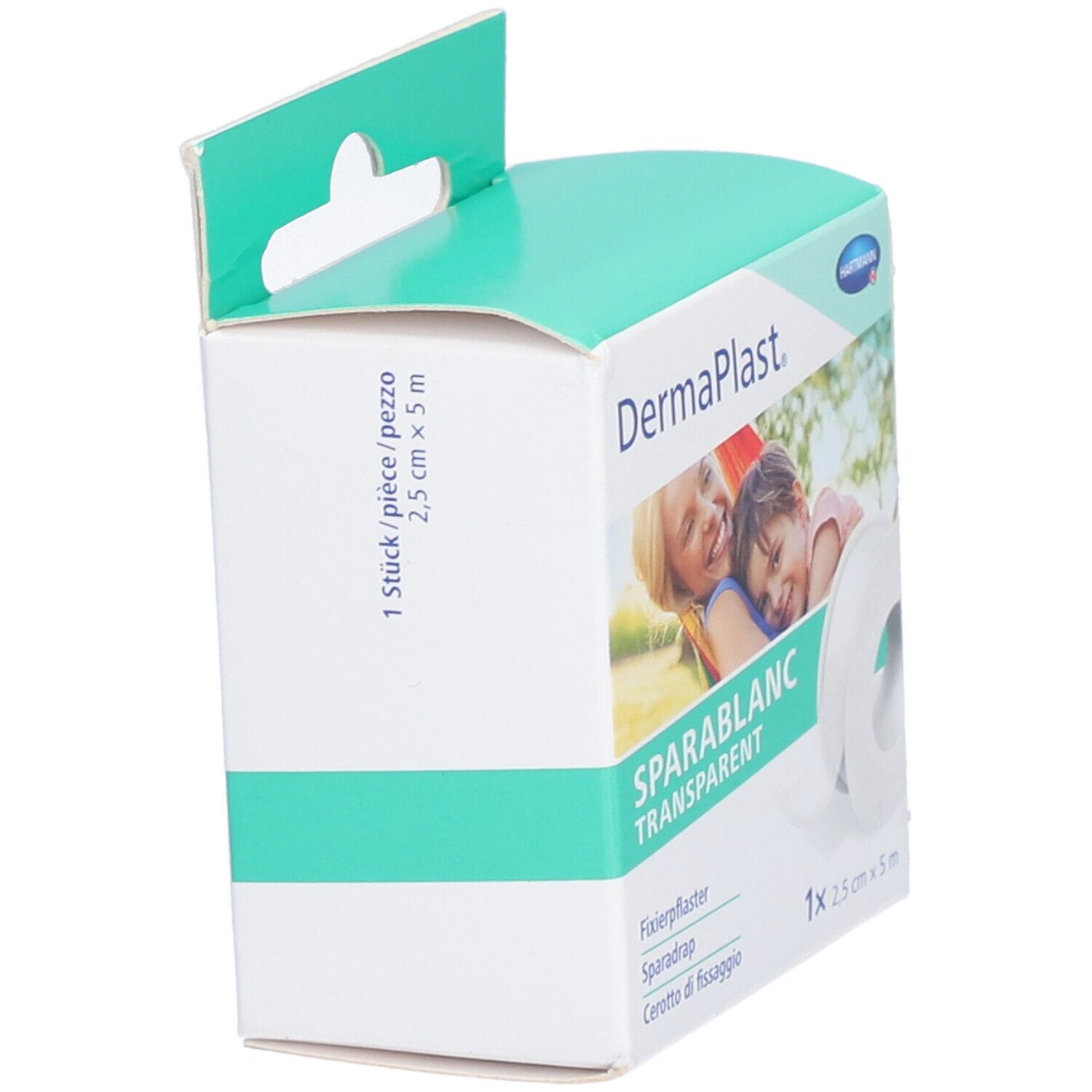 Dermaplast Sparablanc Transparent Verpackung. 2,5 cm x 5 m. Seitenansicht. Produktname, Bild von Mutter und Kind.