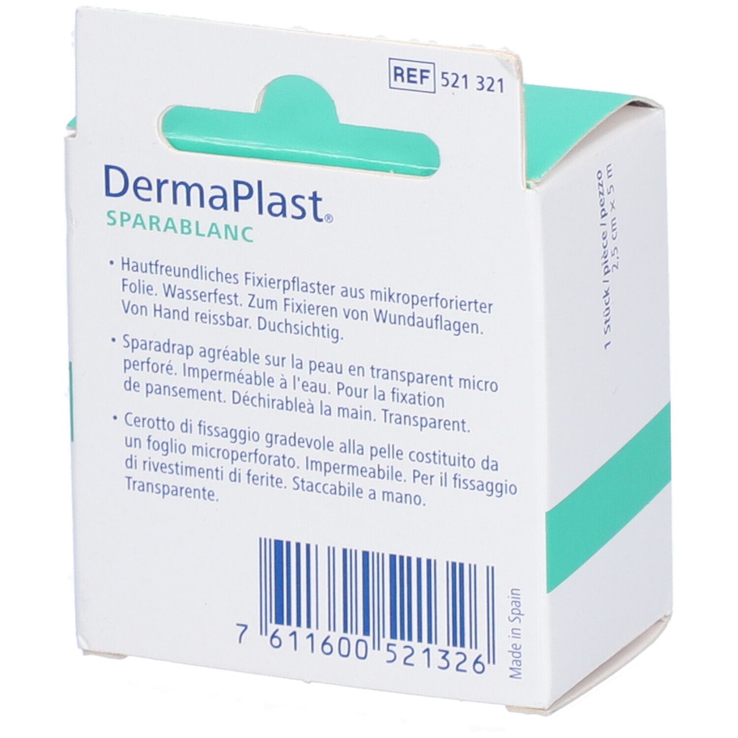 Rückseite der Dermaplast Sparablanc Verpackung. Text in Deutsch, Französisch, Italienisch. Produktname, Größe, Barcode.