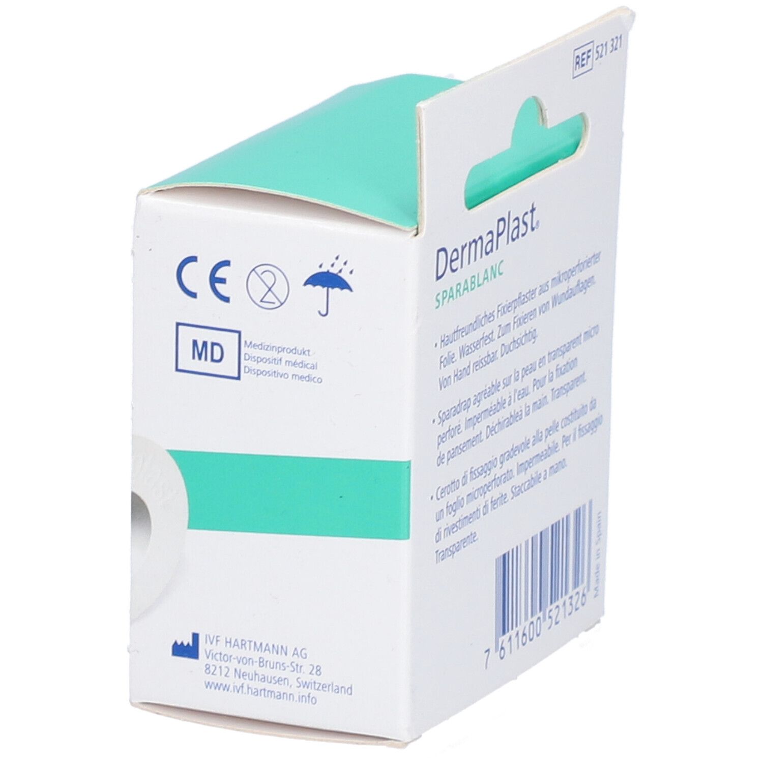 Dermaplast Sparablanc Verpackung. Seitenansicht mit CE-Kennzeichnung und medizinischem Symbol. Produktname, Größe.