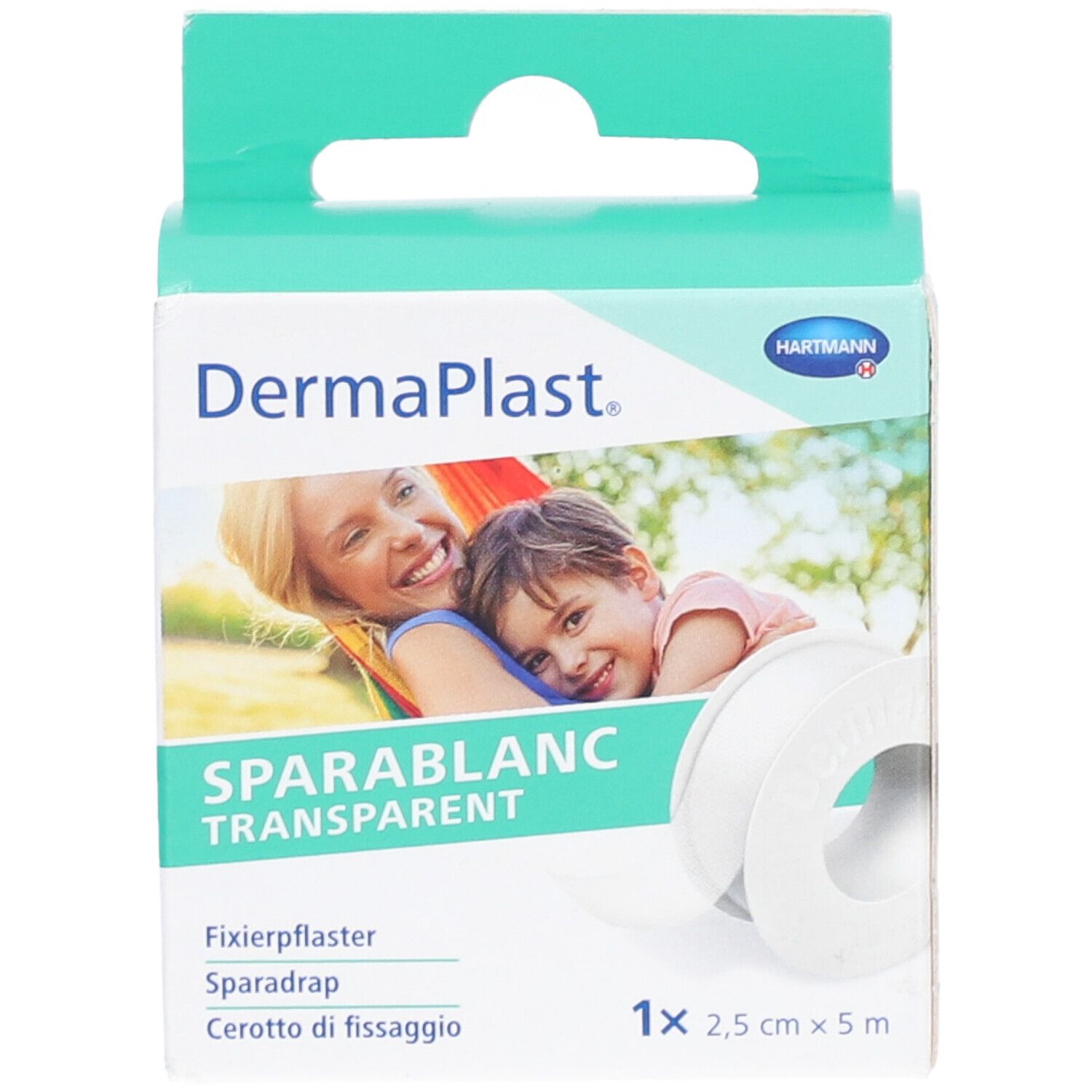 Dermaplast Sparablanc Transparent Verpackung. 2,5 cm x 5 m Rolle. Produktname, Bild von Mutter und Kind, Hartmann Logo.
