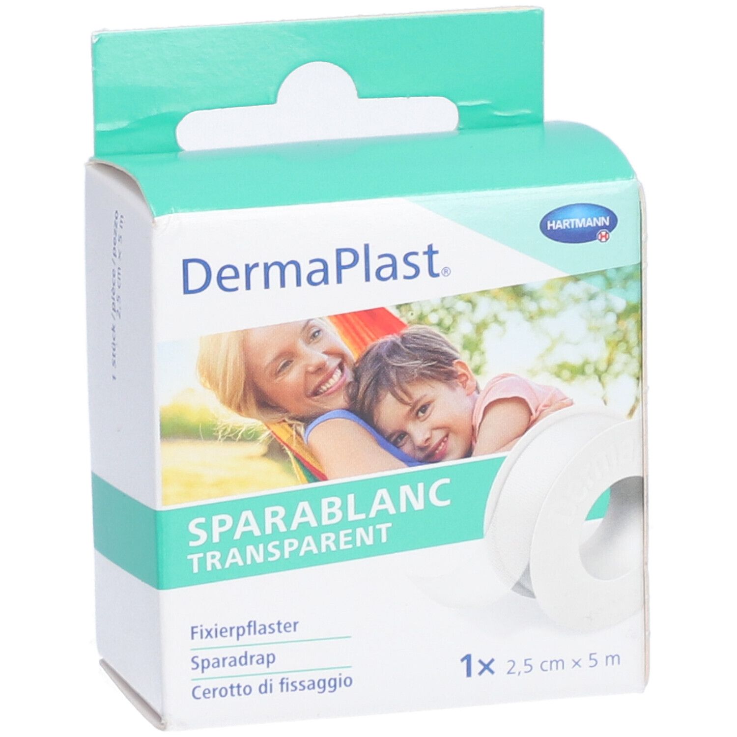 Dermaplast Sparablanc Transparent Verpackung. 2,5 cm x 5 m Rolle. Produktname, Bild von Mutter und Kind, Hartmann Logo.