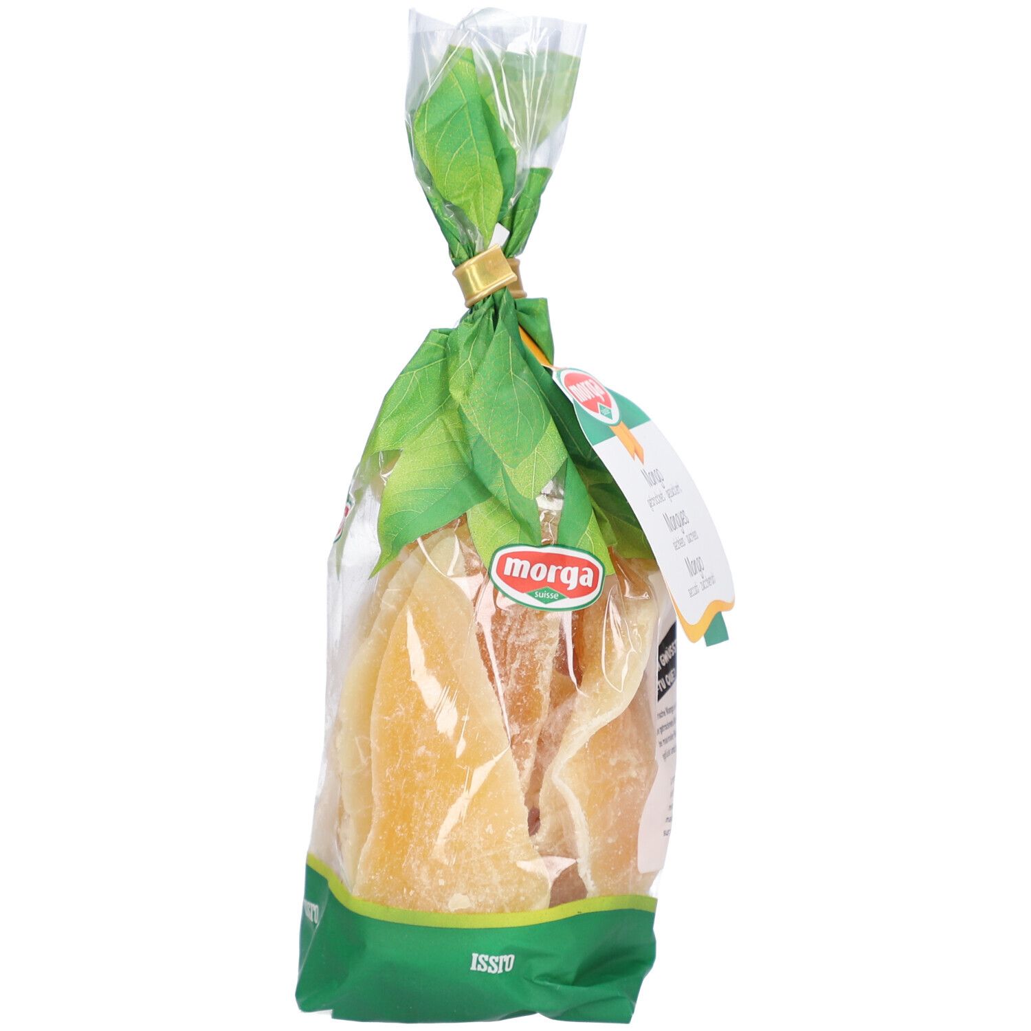 Verpackung mit getrockneten Mango-Schnitzen. Klarsichtbeutel mit grünem Papier und goldfarbenem Verschluss. Morga-Logo.
