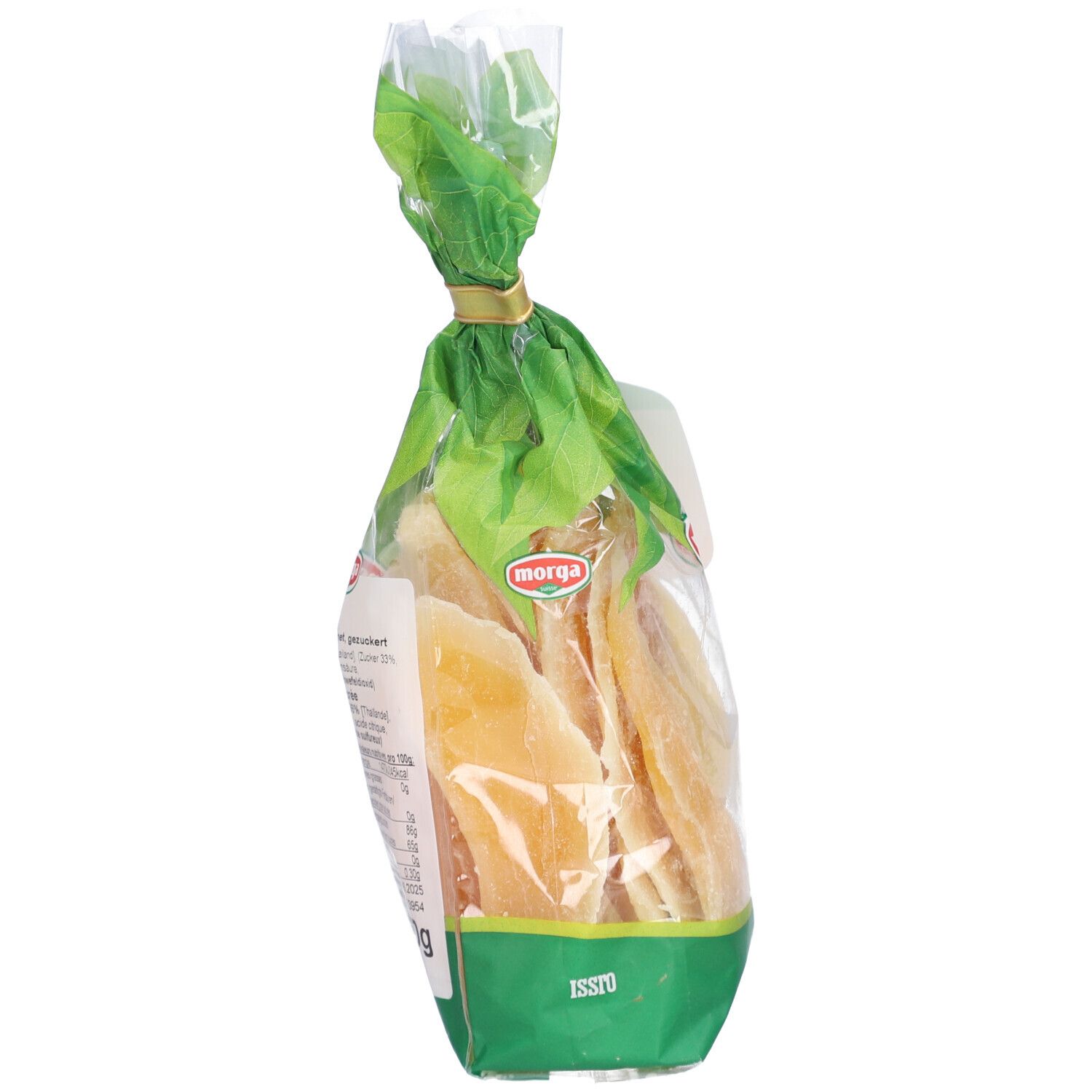 Verpackung mit getrockneten Mango-Schnitzen. Klarsichtbeutel mit grünem Papier und goldfarbenem Verschluss. Morga-Logo.