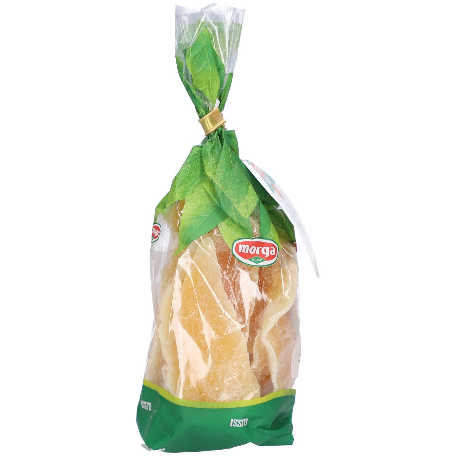 Verpackung mit getrockneten Mango-Schnitzen. Klarsichtbeutel mit grünem Papier und goldfarbenem Verschluss. Morga-Logo.