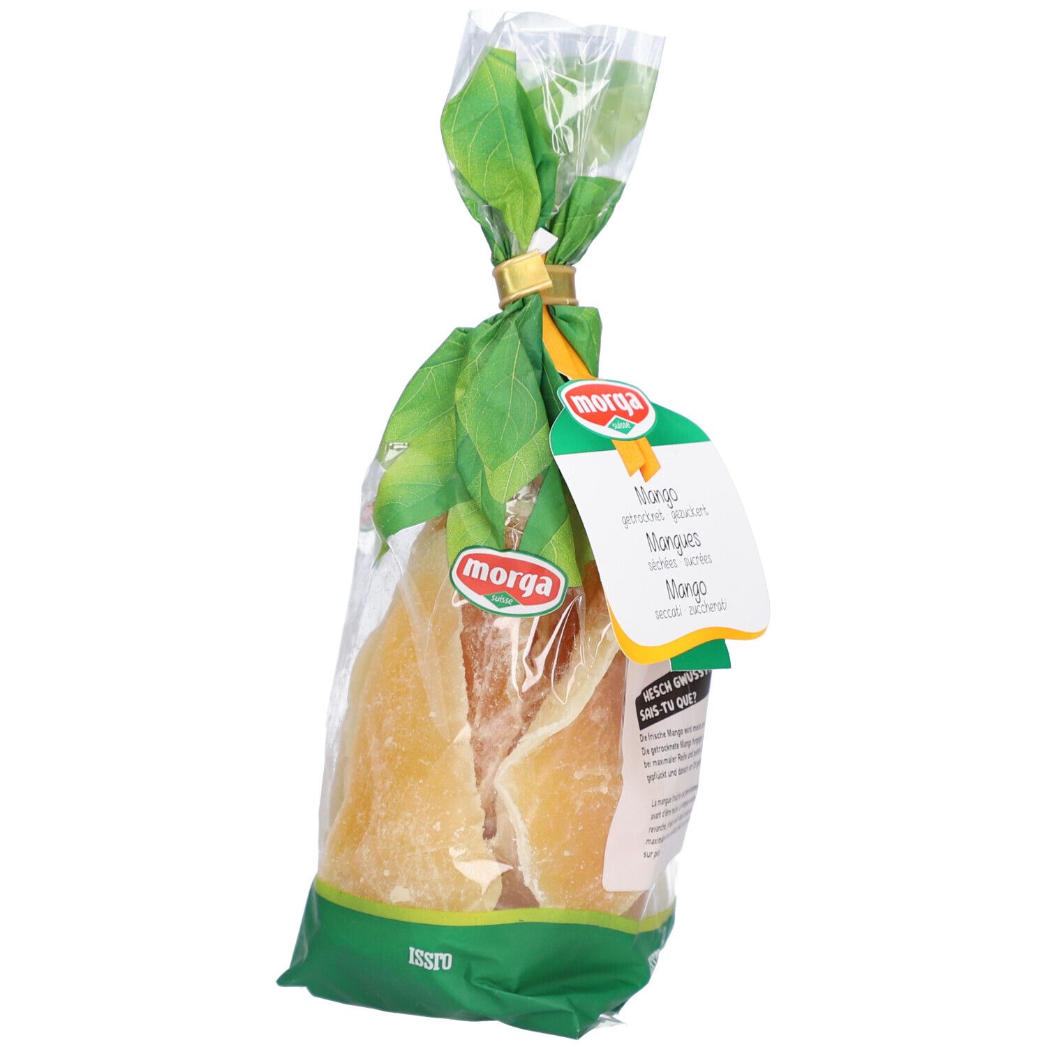 Verpackung mit getrockneten Mango-Schnitzen. Klarsichtbeutel mit grünem Papier und goldfarbenem Verschluss. Morga-Logo.