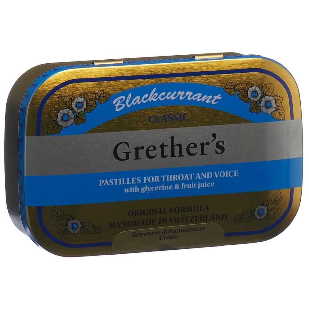 Ovale Dose mit goldfarbenem Rand und blauem Streifen. Aufschrift: Grether's Pastilles, Blackcurrant. Hergestellt in der Schweiz.