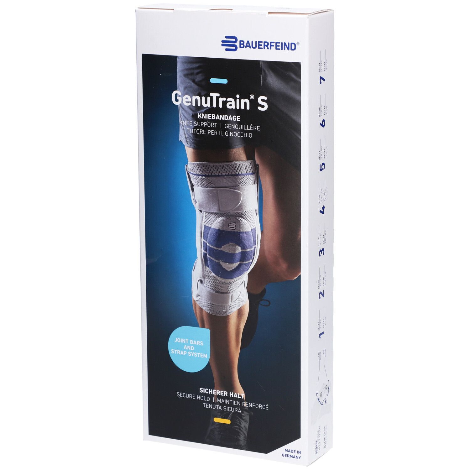 BAUERFEIND® GenuTrain S Aktive Kniebandage mit seitlichen Gelenkstabilisatoren Gr. 5 Rechts Titan
