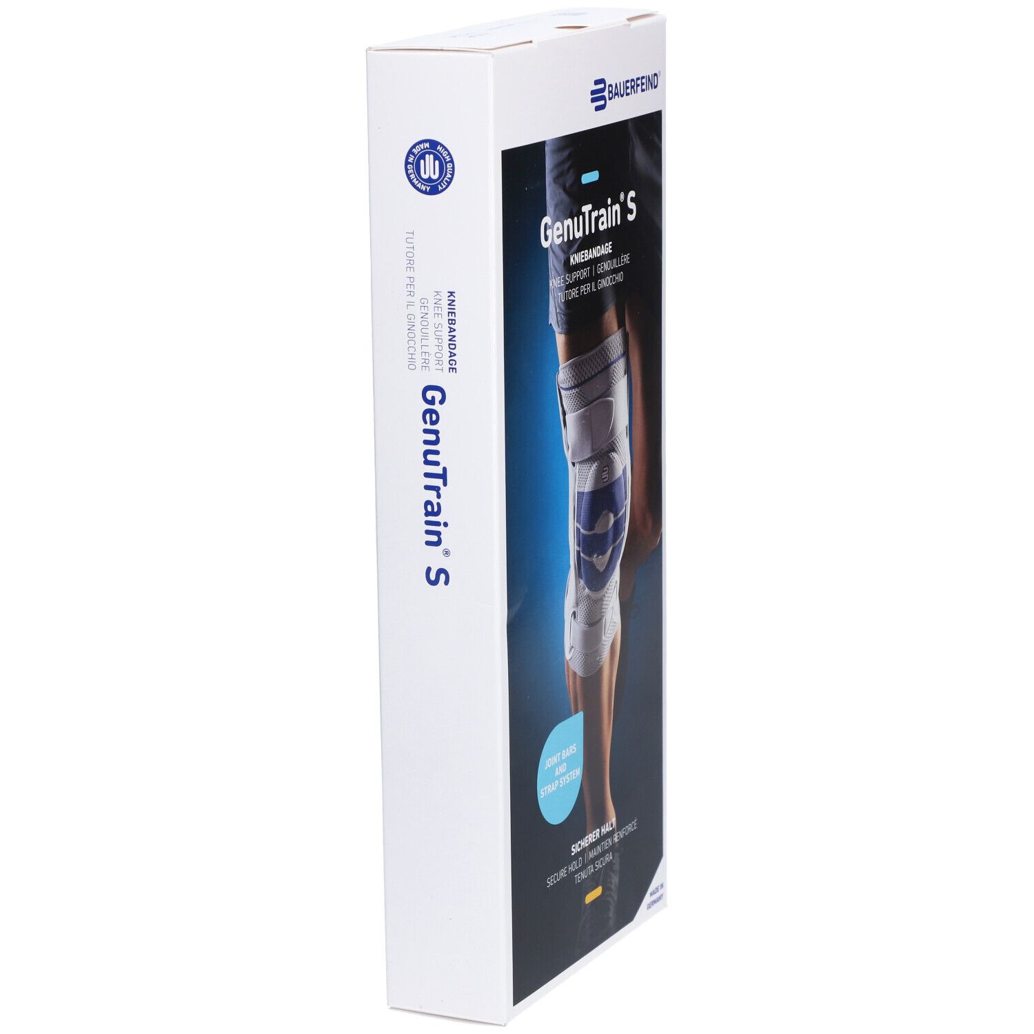 BAUERFEIND® GenuTrain S Aktive Kniebandage mit seitlichen Gelenkstabilisatoren Gr. 5 Rechts Titan