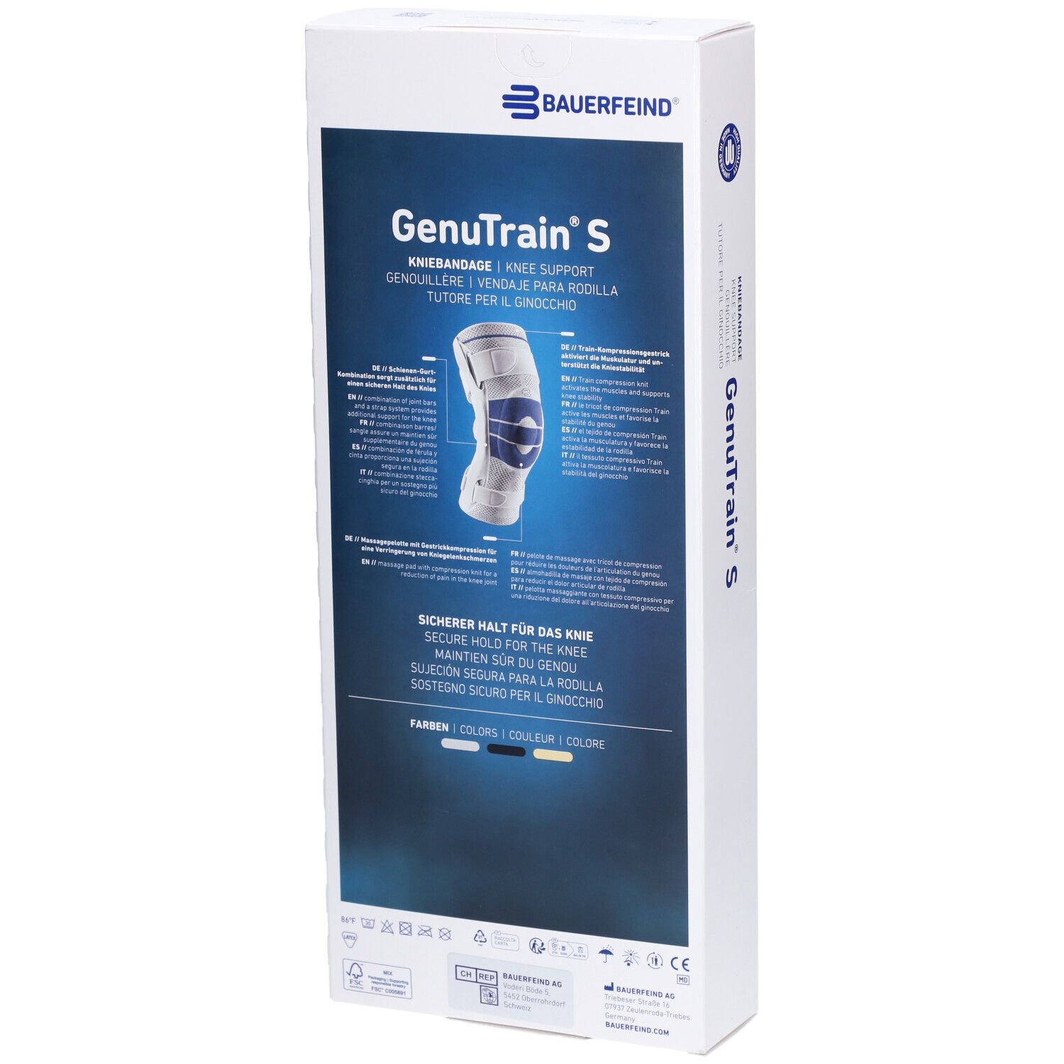 BAUERFEIND® GenuTrain S Aktive Kniebandage mit seitlichen Gelenkstabilisatoren Gr. 5 Rechts Titan