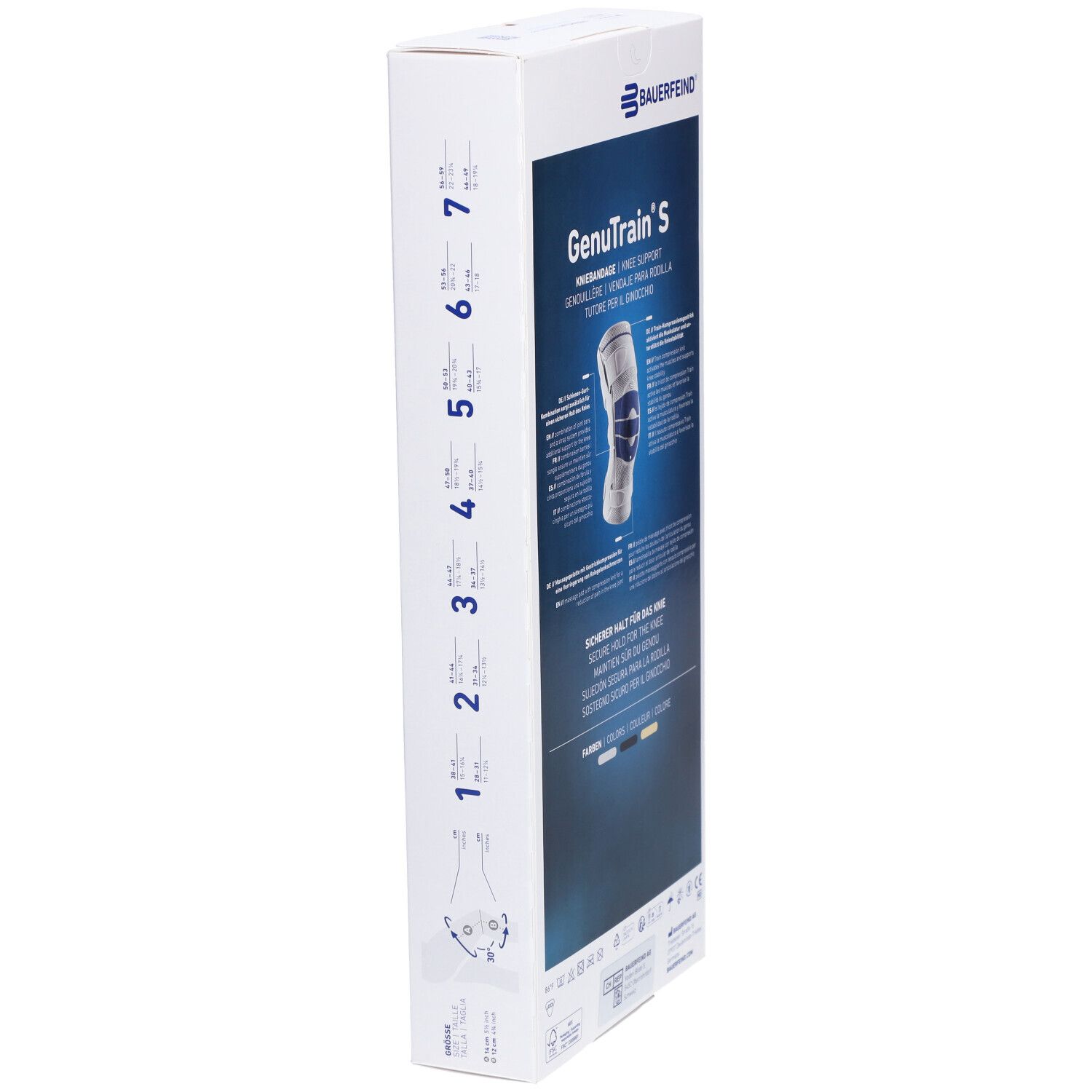BAUERFEIND® GenuTrain S Aktive Kniebandage mit seitlichen Gelenkstabilisatoren Gr. 5 Rechts Titan