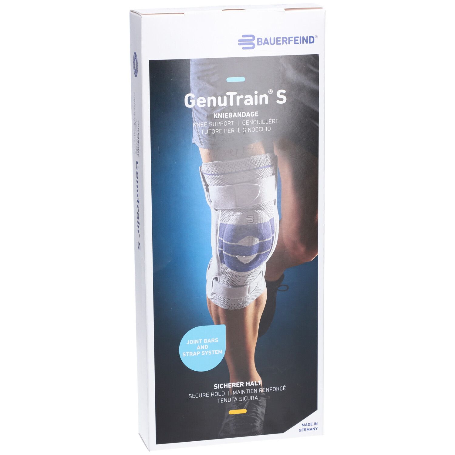 BAUERFEIND® GenuTrain S Aktive Kniebandage mit seitlichen Gelenkstabilisatoren Gr. 5 Rechts Titan