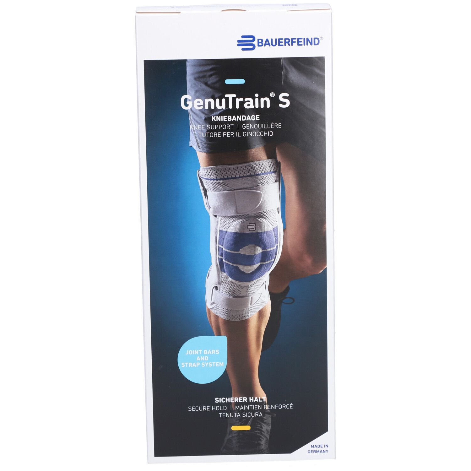 BAUERFEIND® GenuTrain S Aktive Kniebandage mit seitlichen Gelenkstabilisatoren Gr. 5 Links Titan