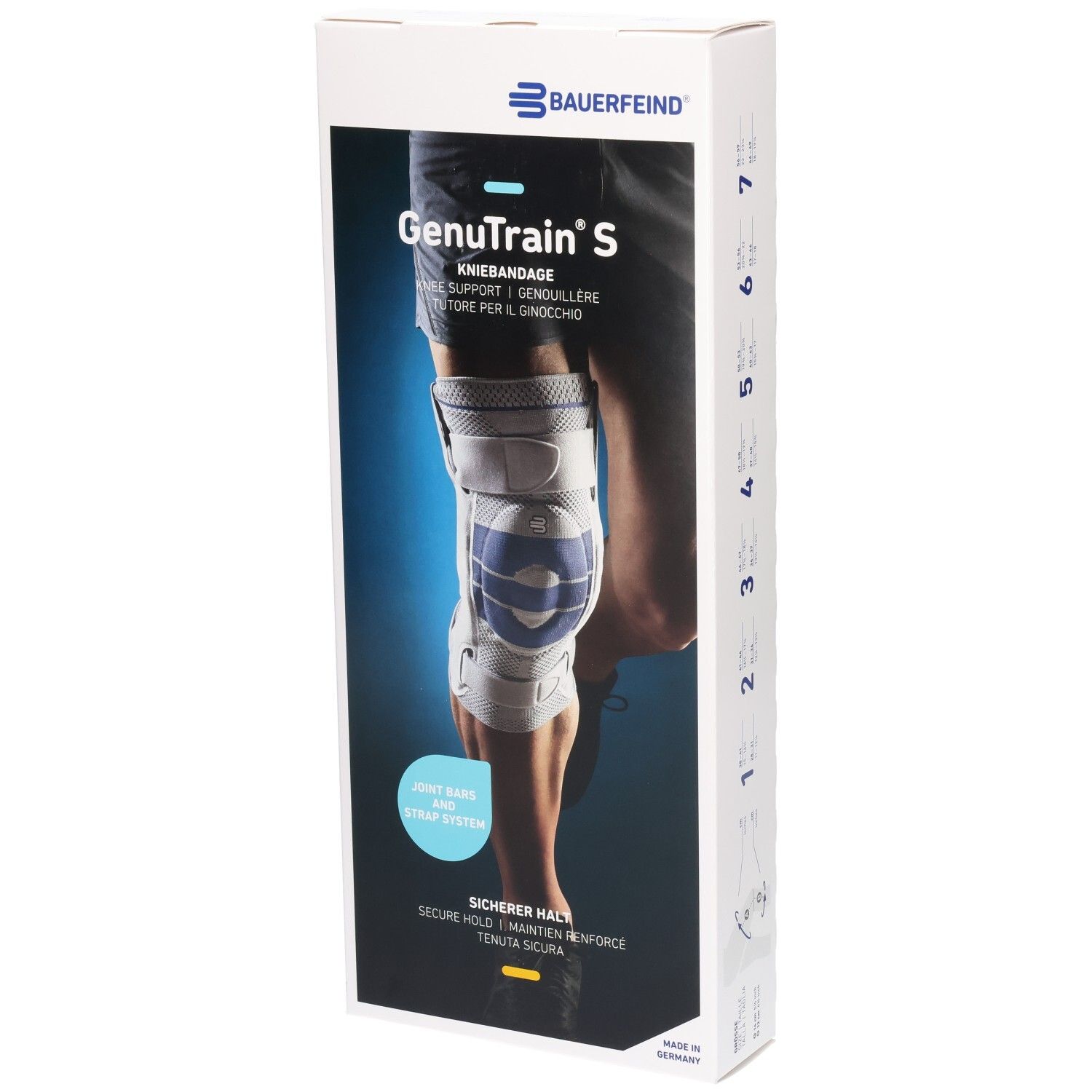 Bauerfeind GenuTrain S Kniebandage-Verpackung mit Abbildung einer Kniebandage.