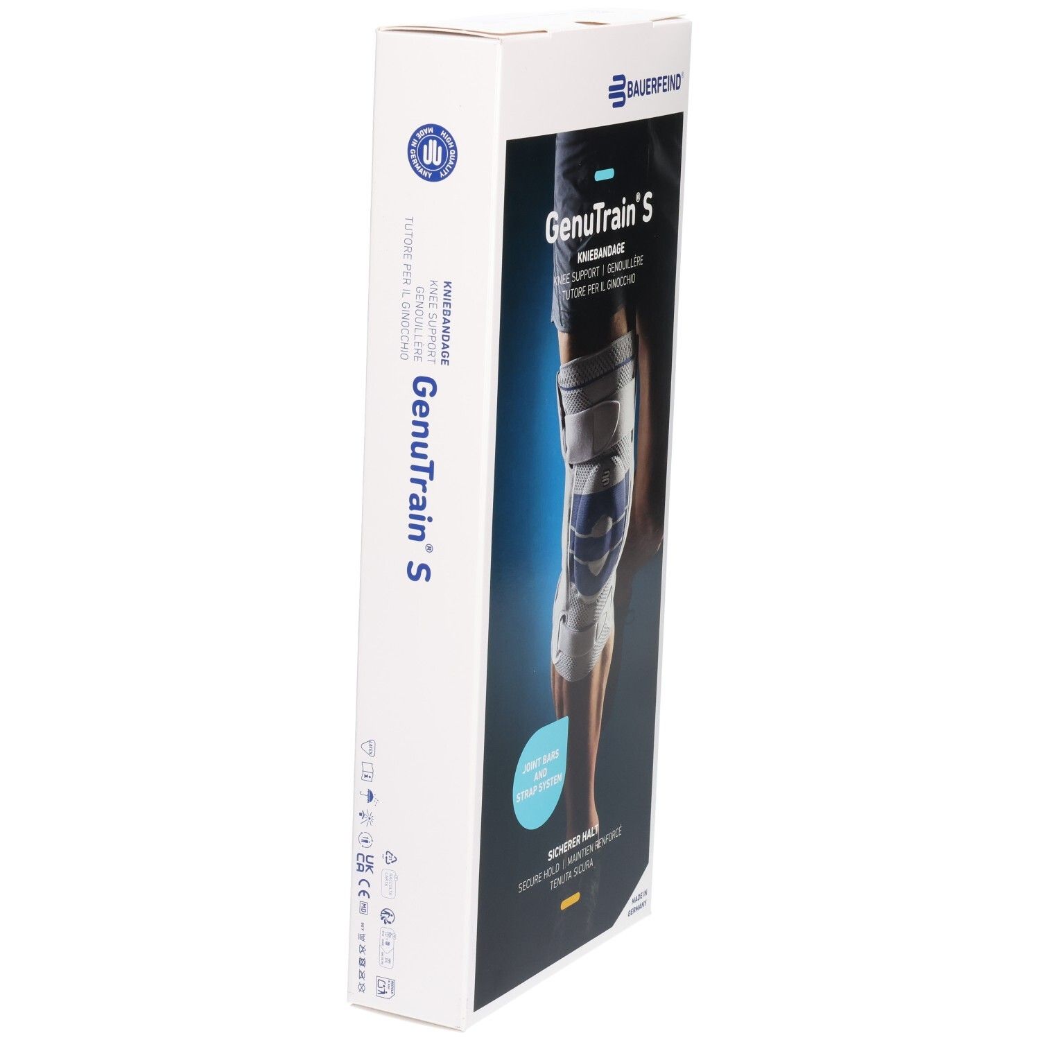 Bauerfeind GenuTrain S Kniebandage-Verpackung, Seitenansicht mit Symbolen.