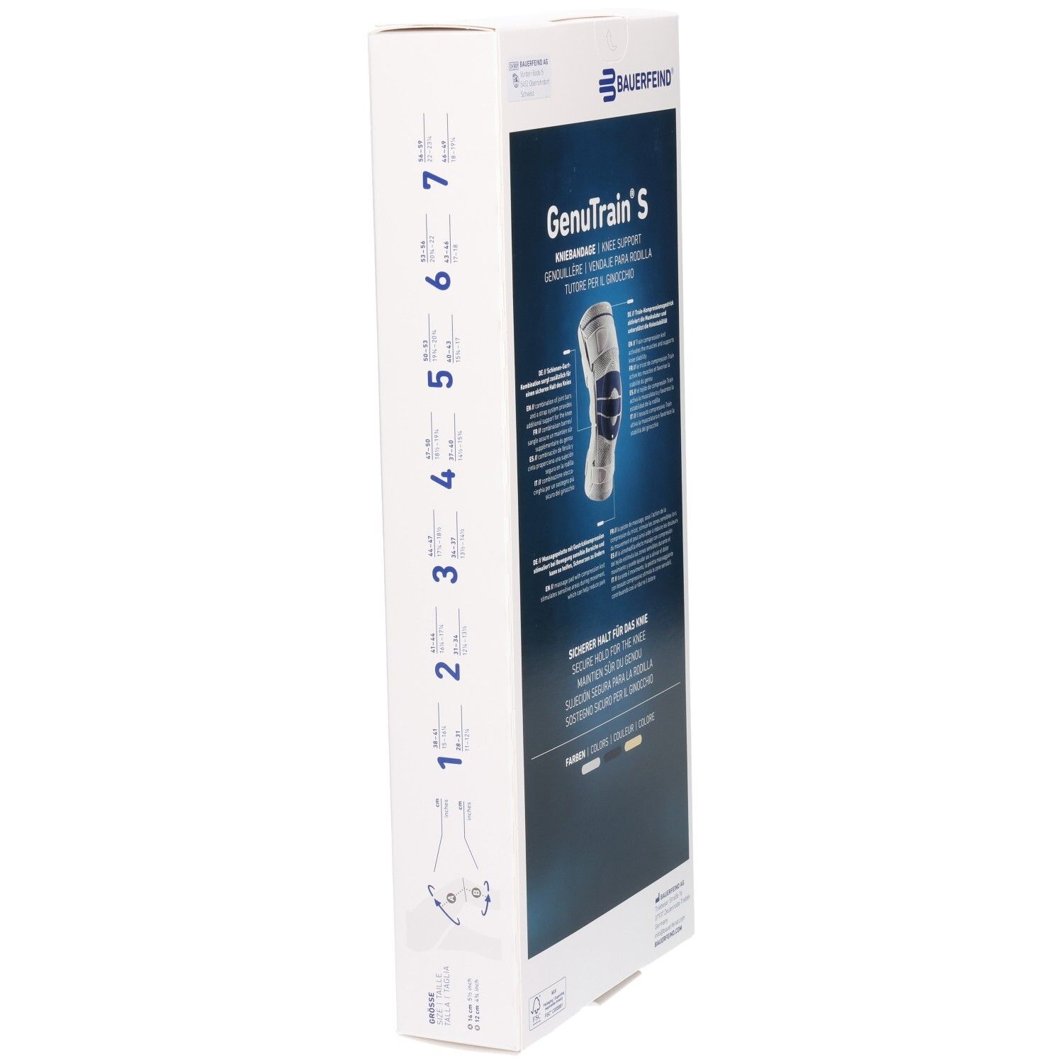 Bauerfeind GenuTrain S Kniebandage-Verpackung, Seitenansicht mit Größenskala.