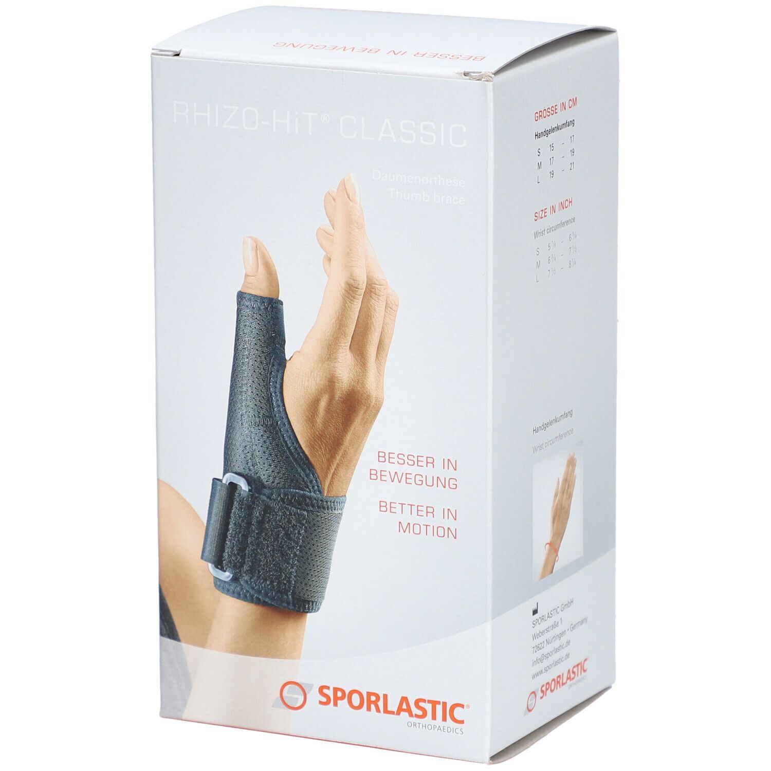 Verpackung der Daumenorthese SPORLASTIC Rhizo-Hit Classic. Produktabbildung mit Hand und Orthese. Größe 17-19 cm, Farbe Schwarz.