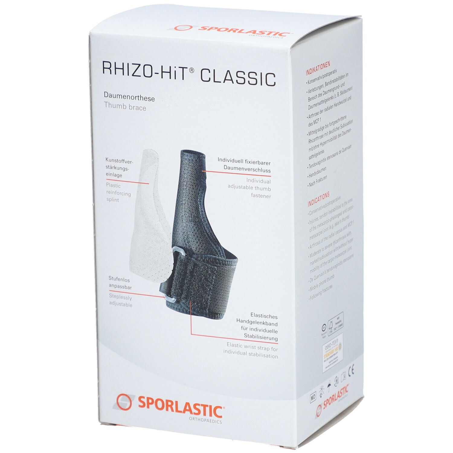 Verpackung der Daumenorthese SPORLASTIC Rhizo-Hit Classic. Produktabbildung und detaillierte Ansicht der Orthese.