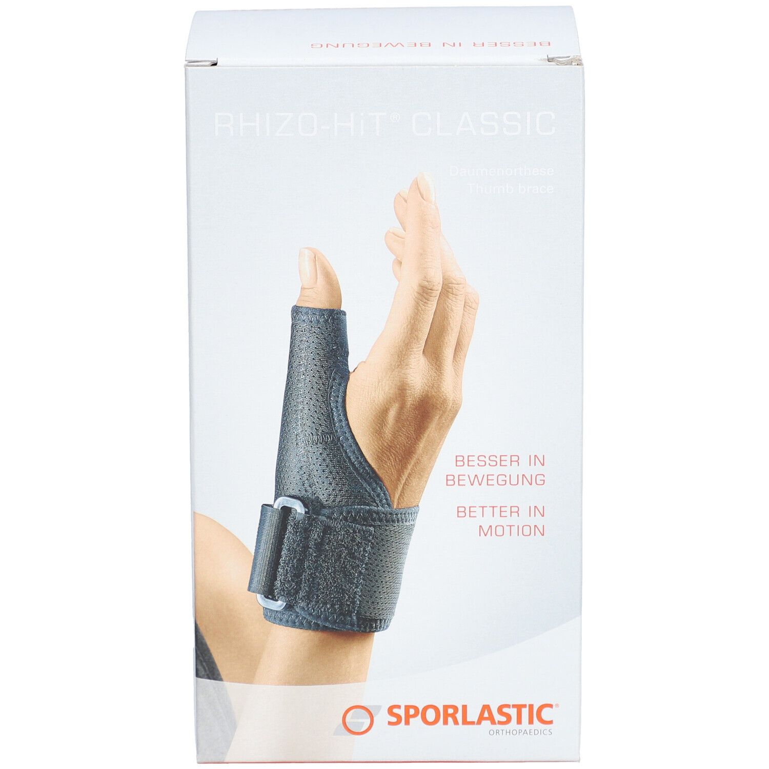 Daumenorthese SPORLASTIC Rhizo-Hit Classic, schwarz, am Handgelenk befestigt. Größe 17-19 cm. Produktabbildung.