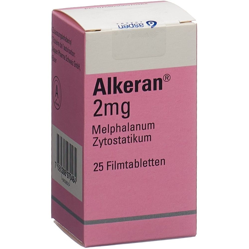 Karton von ALKERAN Filmtabl 2 mg. Rosa-weißes Design. Text: ALKERAN 2 mg, Filmtabl, 25 Stk. Aufschrift auf der Verpackung.