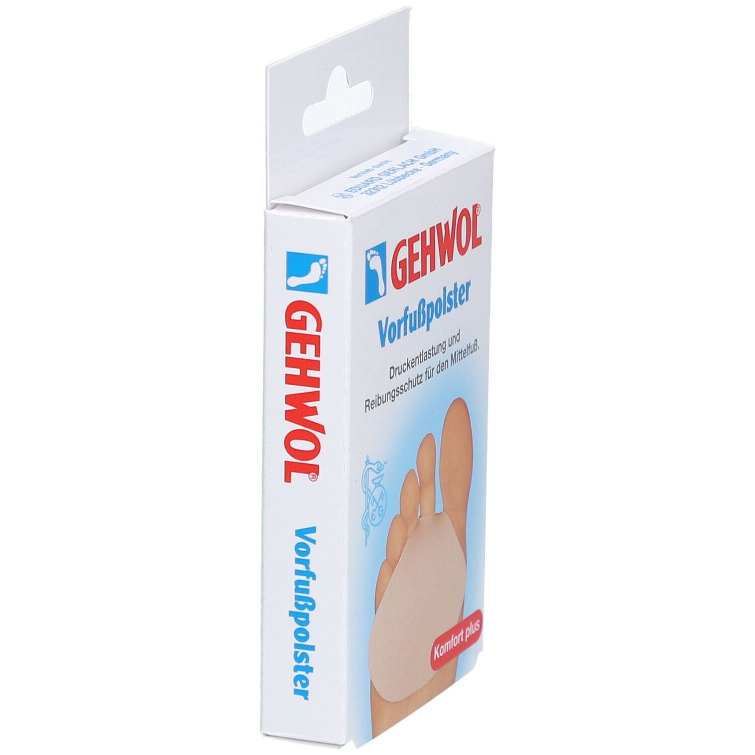 GEHWOL Vorfußpolster Verpackung, Seitenansicht. Weißer Karton mit Aufhänger. Produktname und Logo sichtbar.