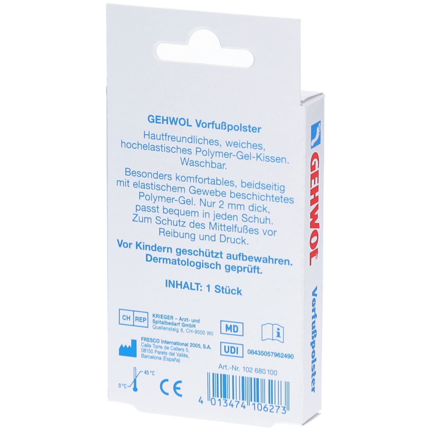 Rückseite der GEHWOL Vorfußpolster Verpackung. Textinformationen, Inhaltsangabe, Herstellerangaben und CE-Kennzeichnung.