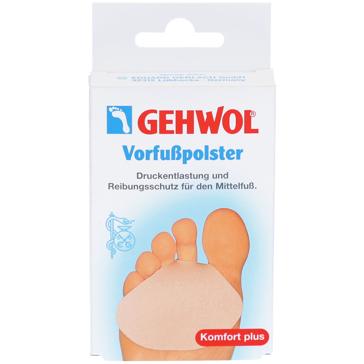 GEHWOL Vorfußpolster Verpackung. Vorderansicht. Produktabbildung und Produktname. Weißer Karton mit Aufhänger.