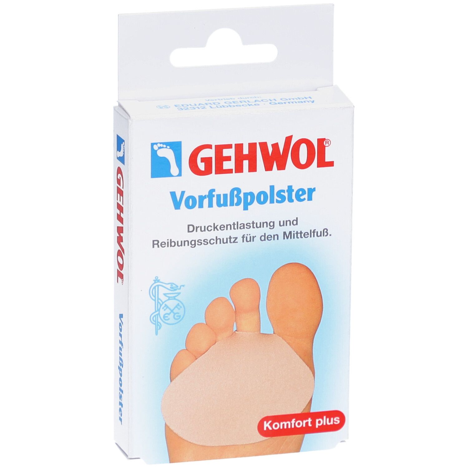 GEHWOL Vorfußpolster Verpackung. Vorderansicht. Produktabbildung und Produktname. Weißer Karton mit Aufhänger.