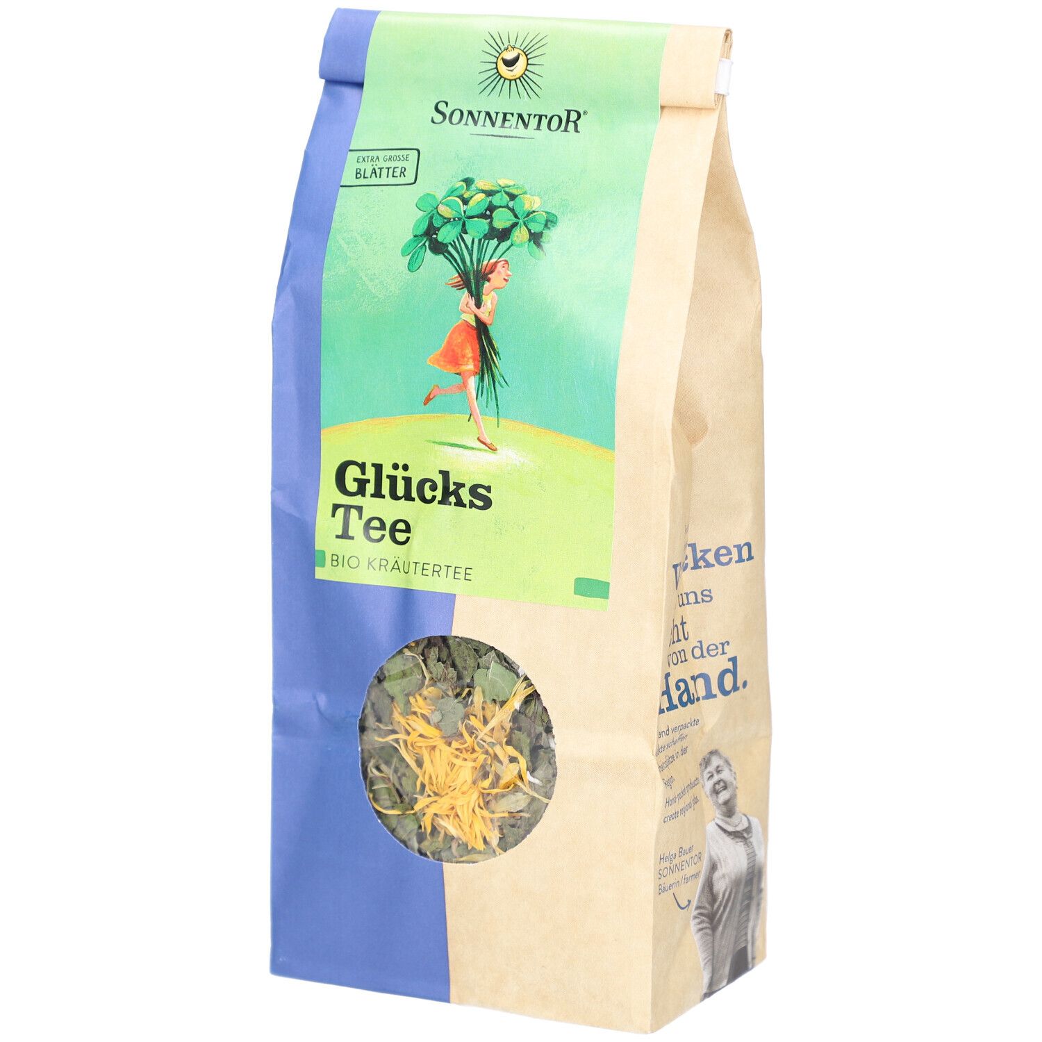 Beutel mit Glücks Tee, BIO Kräutertee. Sichtfenster zeigt Kräutermischung. Marke: SONNENTOR.