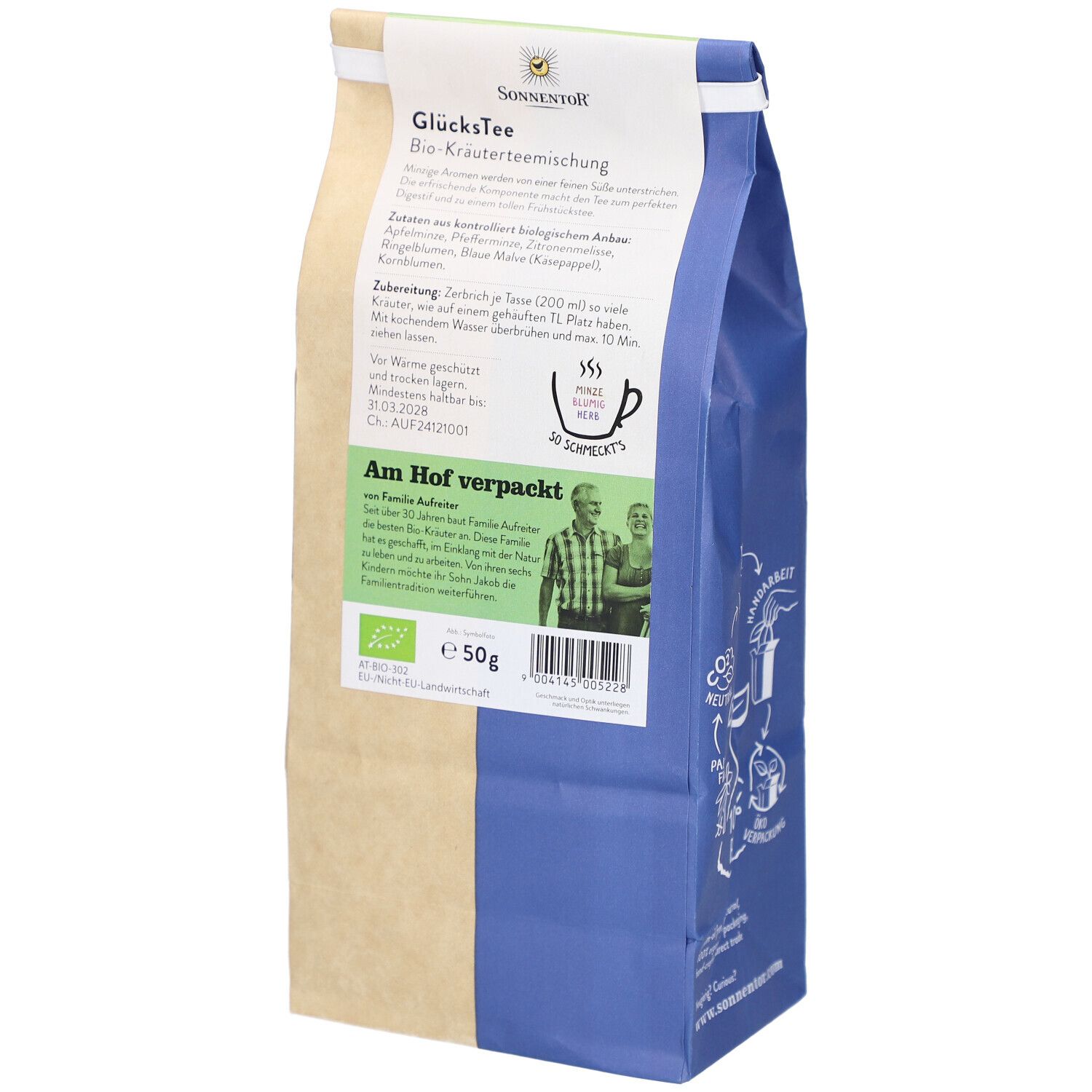 Rückseite des Beutels mit Glücks Tee, BIO Kräutertee. Text über Zutaten und Zubereitung. BIO-Siegel. 50g.
