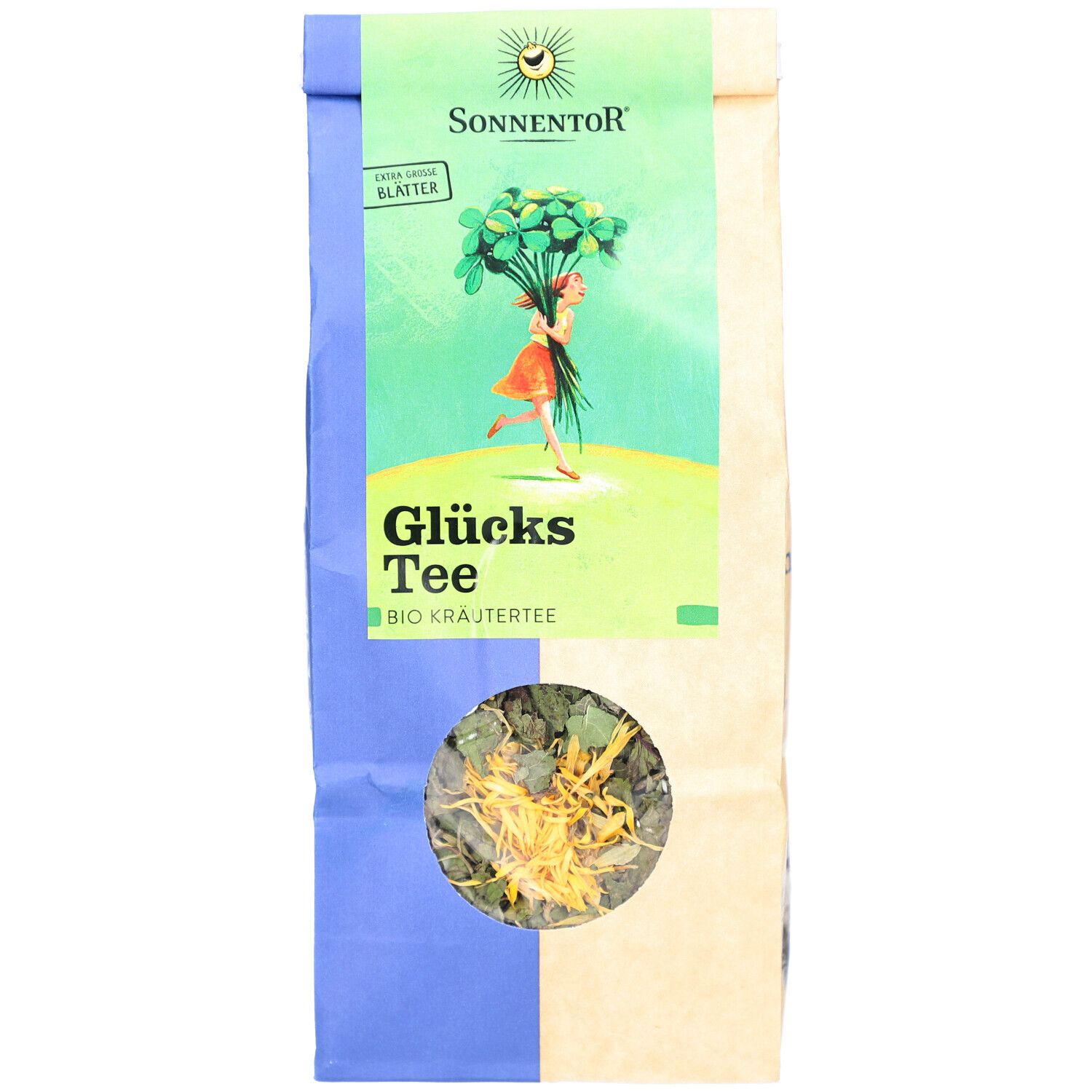 Beutel mit Glücks Tee, BIO Kräutertee. Sichtfenster zeigt Kräutermischung. Marke: SONNENTOR.