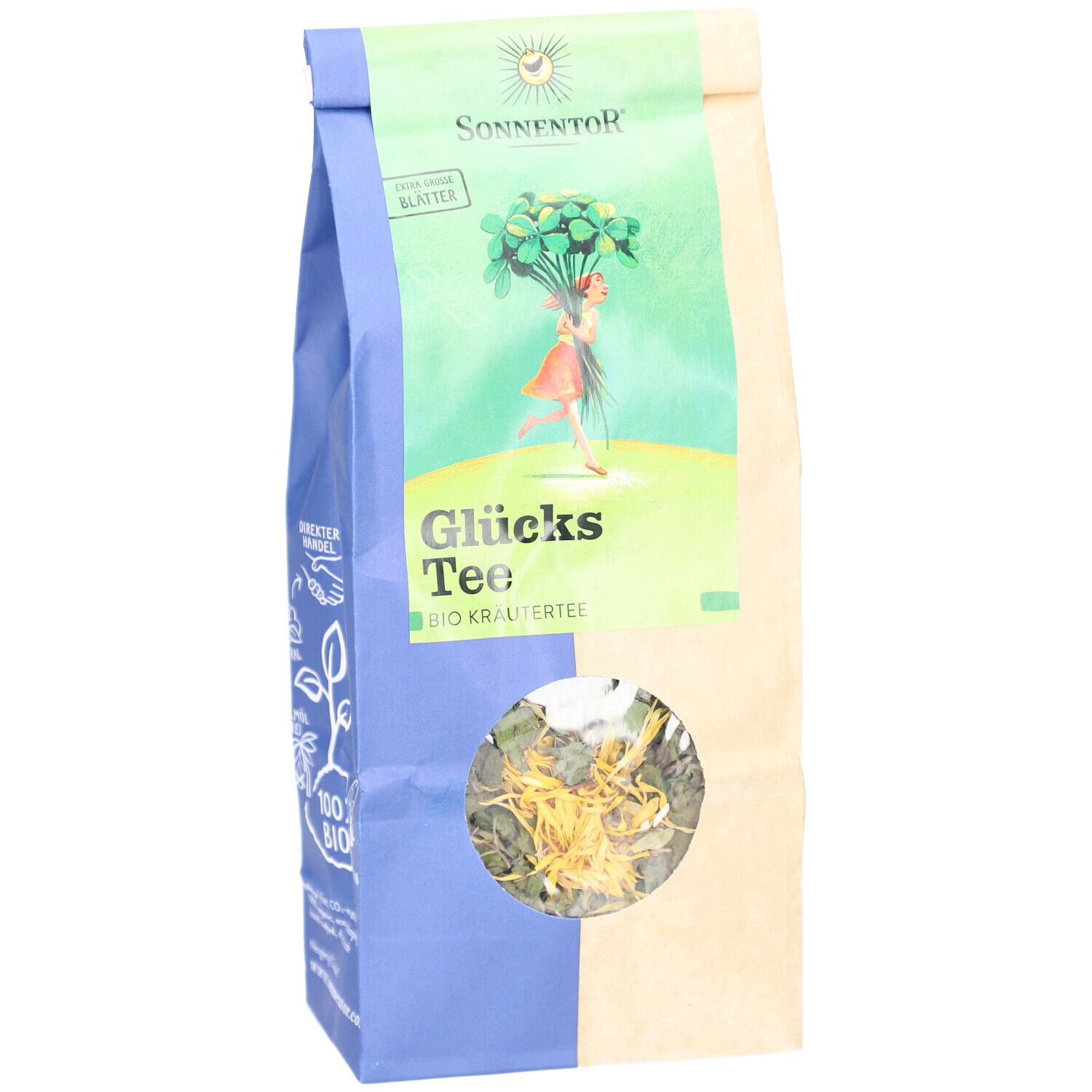 Beutel mit Glücks Tee, BIO Kräutertee. Sichtfenster zeigt Kräutermischung. Marke: SONNENTOR.