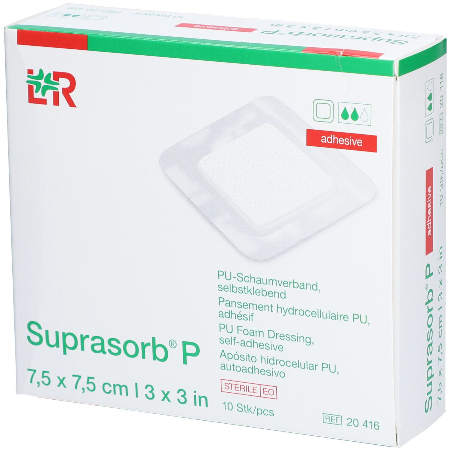 Verpackung von Suprasorb® P, 7,5 x 7,5 cm. Enthält 10 Stück. Mit Logo, Produktname und Größenangabe.