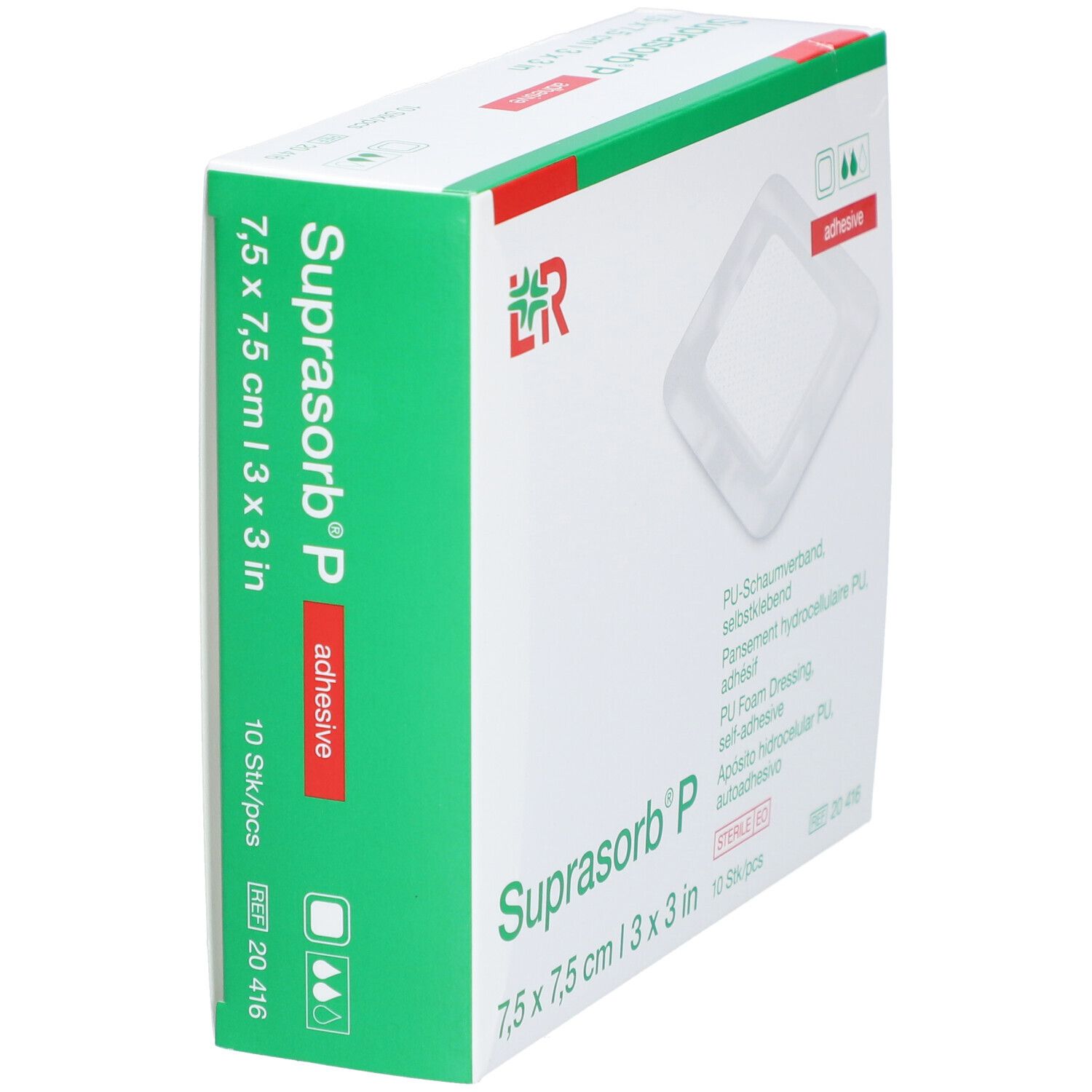 Schräg gestellte Verpackung von Suprasorb® P, 7,5 x 7,5 cm. Mit Logo, Produktname und Größenangabe.