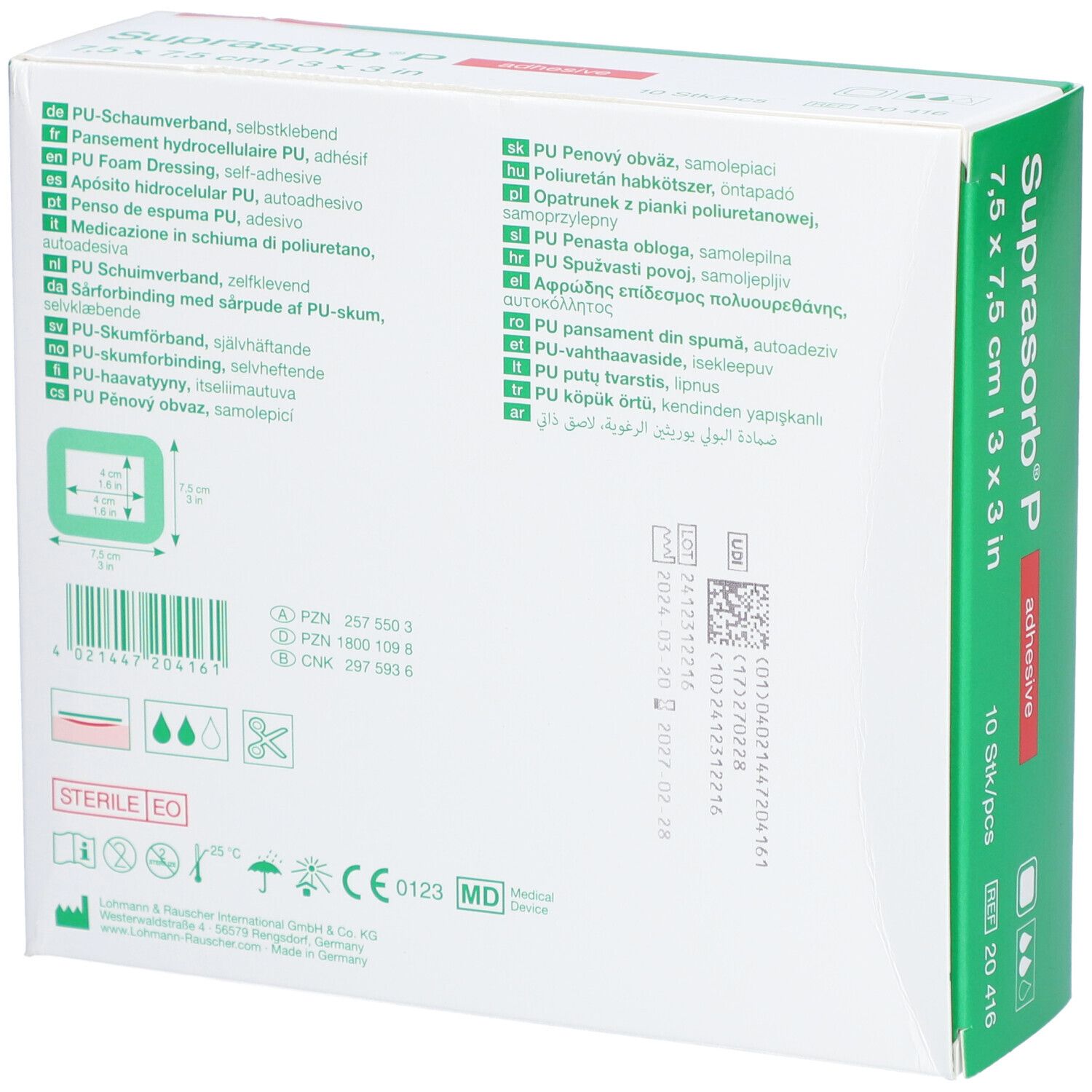Rückseite der Verpackung von Suprasorb® P. Mehrsprachige Produktinformationen, Größenangabe und Chargennummer.